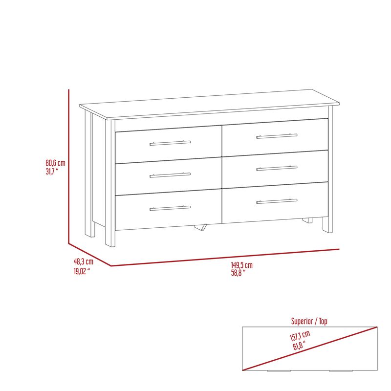 Hms 6 Drawer Double Dresser, Four Legs, Superior Top -White
