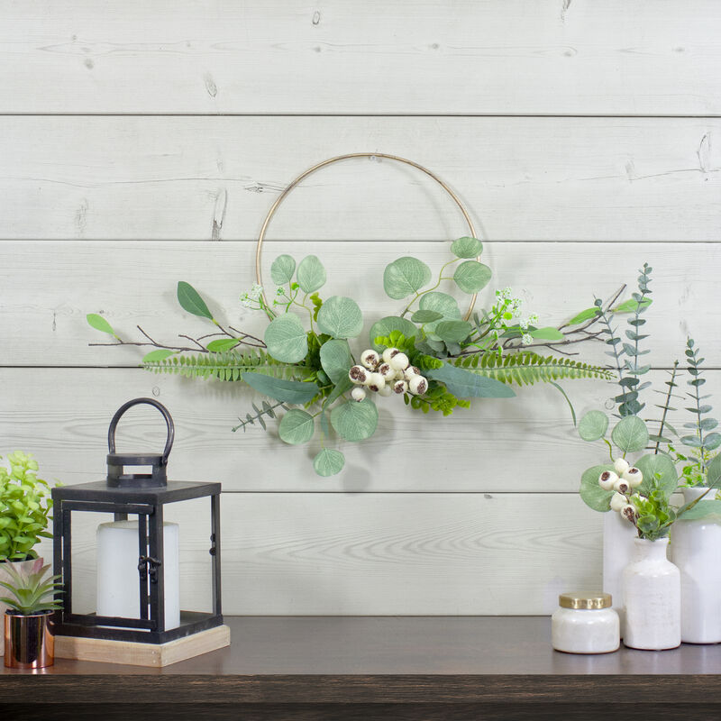 Eucalyptus Leaf and Fern Golden Ring Wreath Spring Decor  Green and Gold 30"