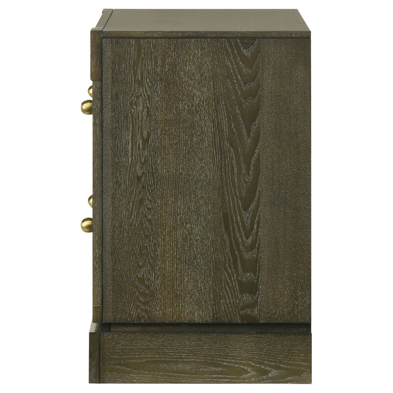 Seon Nightstand, 2 Drawers with Brass Knobs, Dark Cocoa Brown Wood - Benzara