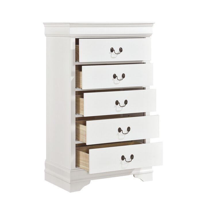 Vele 49 Inch Tall Dresser Chest, 5 Drawers, Brass Tone Metal, White Wood - Benzara