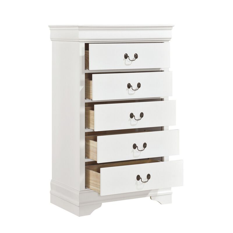 Vele 49 Inch Tall Dresser Chest, 5 Drawers, Brass Tone Metal, White Wood - Benzara