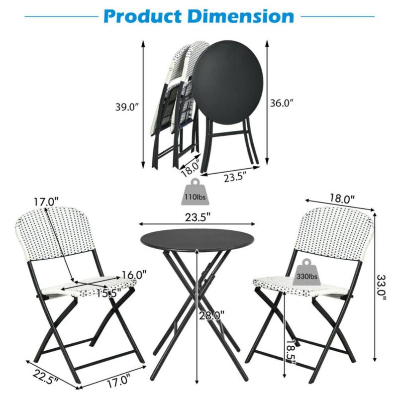 Hivvago 3 Pieces Patio Rattan Bistro Set with Round Dining Table and 2 Chairs