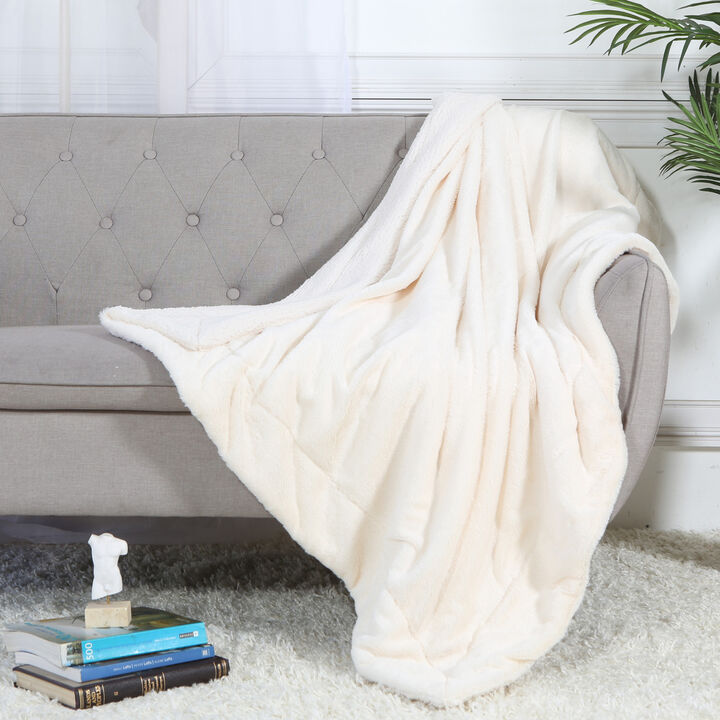 Legacy Decor Luxurious Soft Velour Fleece Throw with Super Ultra Soft Faux Fur on Backside Blanket 49”x 73” White Color