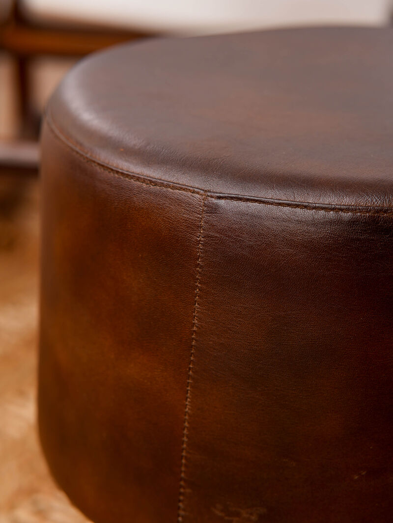 Handmade Eco-Friendly Geometric Buffalo Leather & Wood Black Round Ottomon Stool 14"x14"x14" From BBH Homes