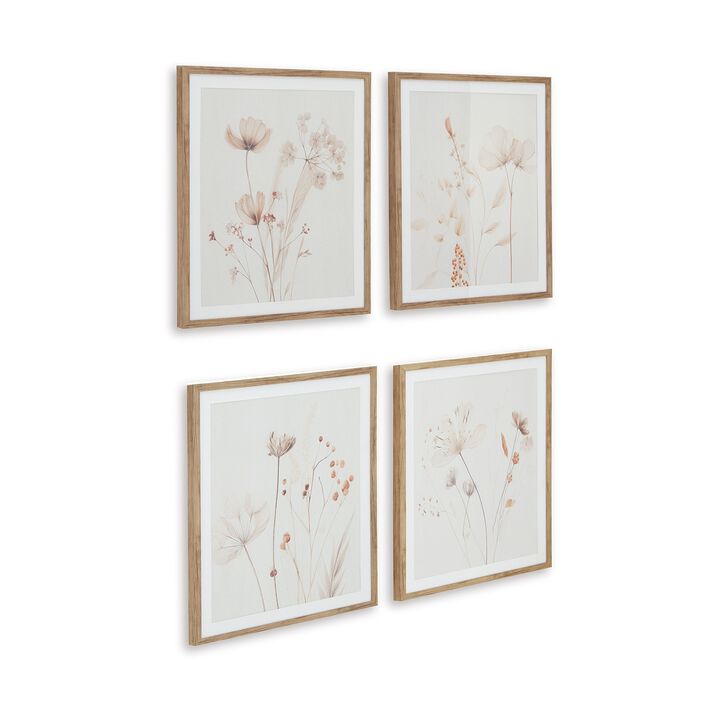 Corwin Wall Art Set of 4, Simple Flowers, Light Brown Wood Frame 23x27 - Benzara