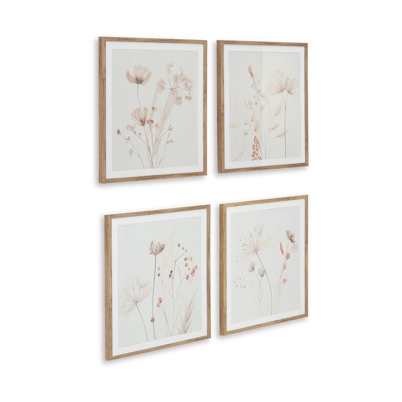 Corwin Wall Art Set of 4, Simple Flowers, Light Brown Wood Frame 23x27 - Benzara