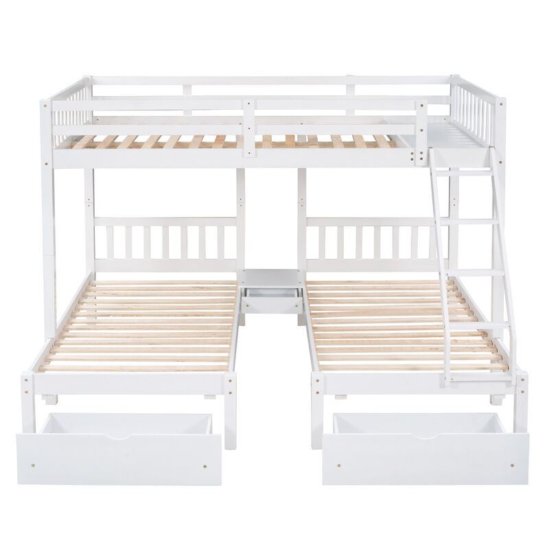 Full Over Twin & Twin Bunk Bed, Wood Triple Bunk Bed With Drawers And Guardrails