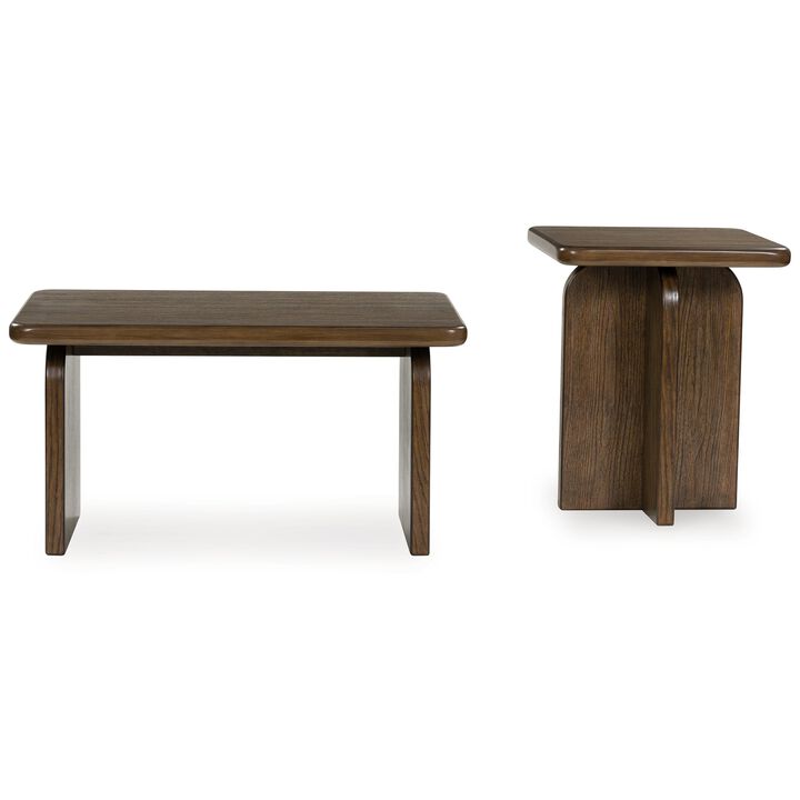 Medy 2pc Coffee and End Table Set, Wide Geometric Base, Textured Brown - Benzara