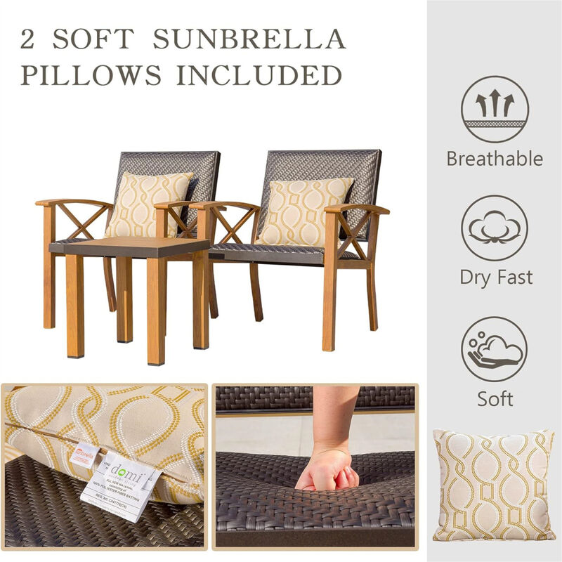 3-Piece Patio Bistro Set with Wood Grain Aluminum Wicker & Beige Sunbrella Pillows