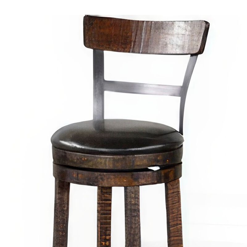 Flint Swivel Barstool Chair Set of 2, Black Faux Leather, Dark Brown - Benzara