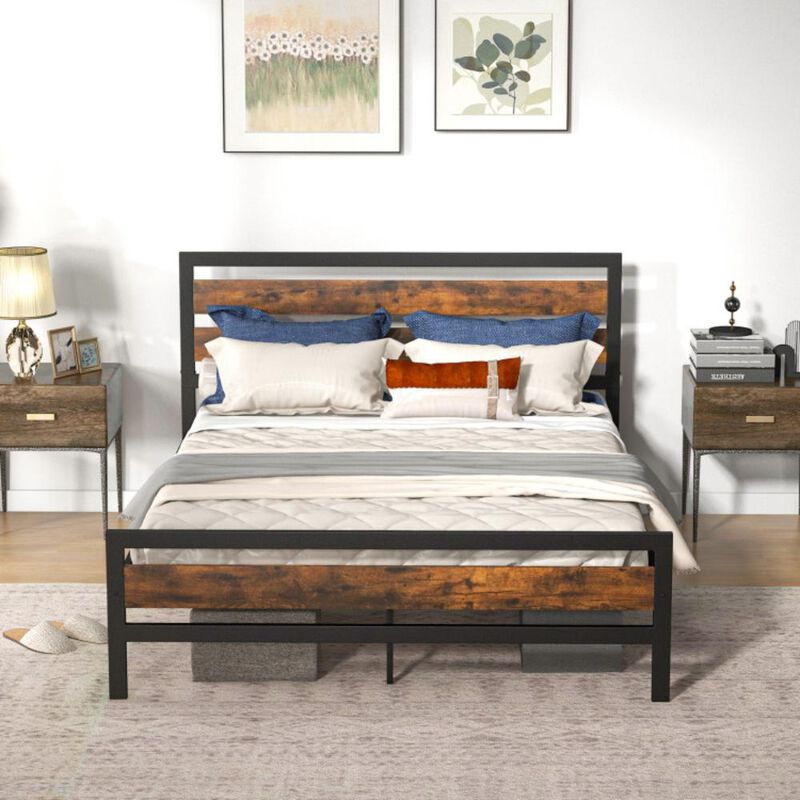 Hivvago Industrial Bed Frame with Rustic Headboard and Footboard