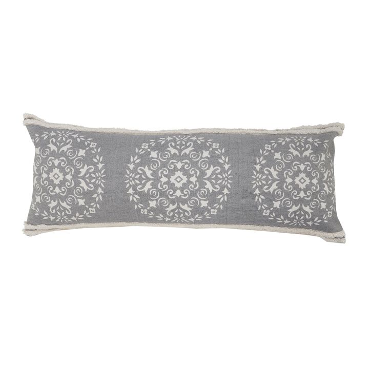 36" Gray and White Mandala Medallion Lumbar Throw Pillow