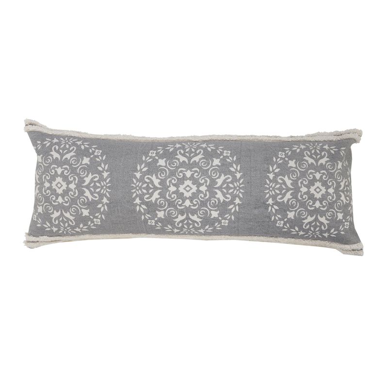36" Gray and White Mandala Medallion Lumbar Throw Pillow