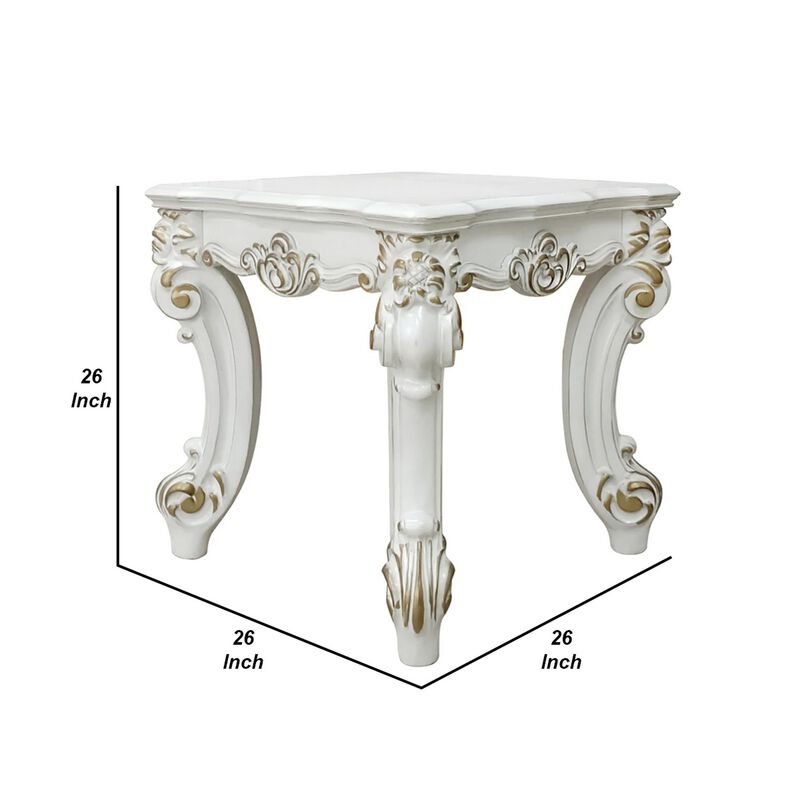 Jess 26 Inch Side End Table, Traditional Scrolled Legs, Brushed Gold, White - Benzara