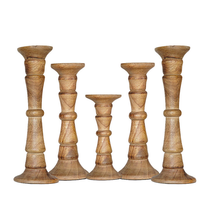 Traditional Wallnut Eco-friendly Handmade Mango Wood Set Of Five 15",12",9",12" & 15" Pillar Candle Holder BBH