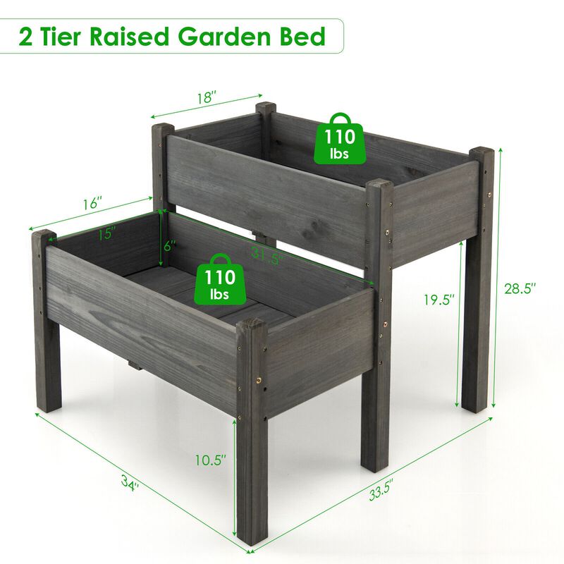 2 Tier Wooden Elevated Planter Box with Legs and Drain Holes for Balcony and Yard