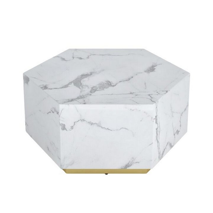 Hexi 35 Inch Coffee Table, Hexagonal, White Marble Design, Gold Base - Benzara