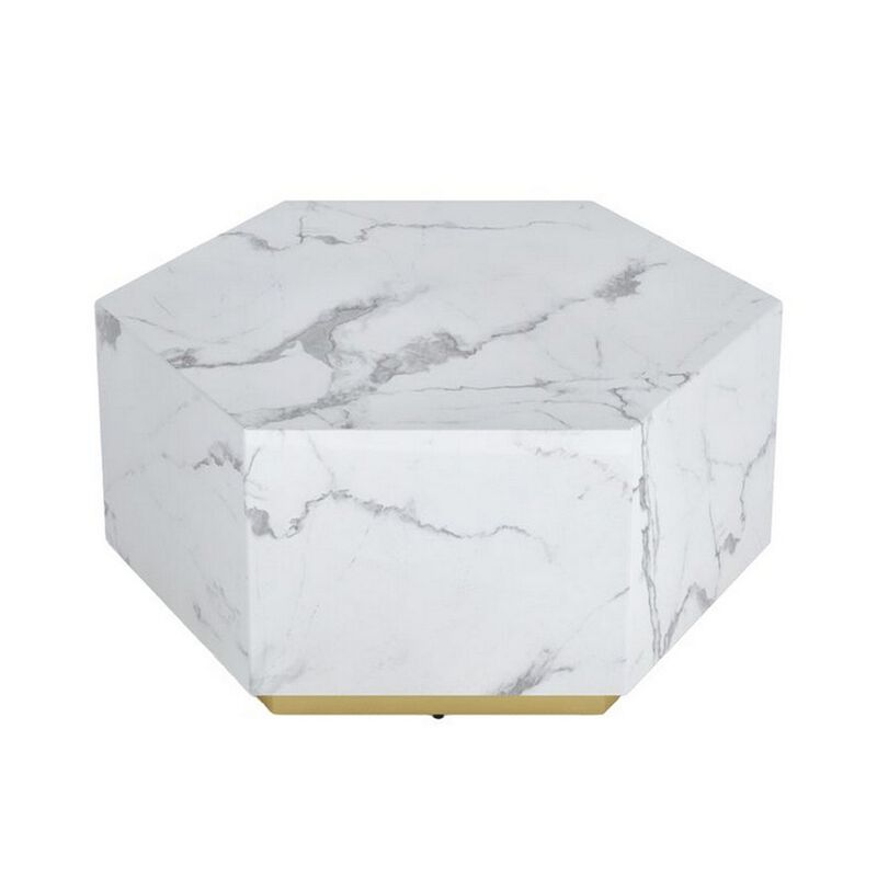 Hexi 35 Inch Coffee Table, Hexagonal, White Marble Design, Gold Base - Benzara