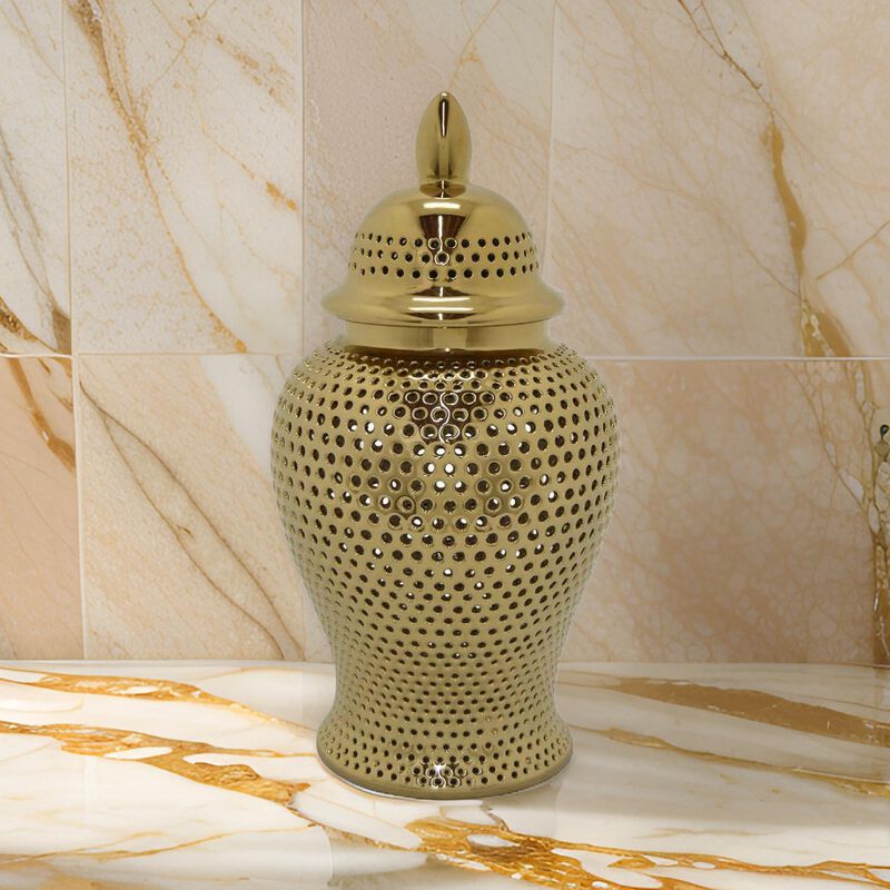 Deni 25 Inch Temple Jar, Large Carved Cut Out Lattice, Lid, Gold Porcelain - Benzara