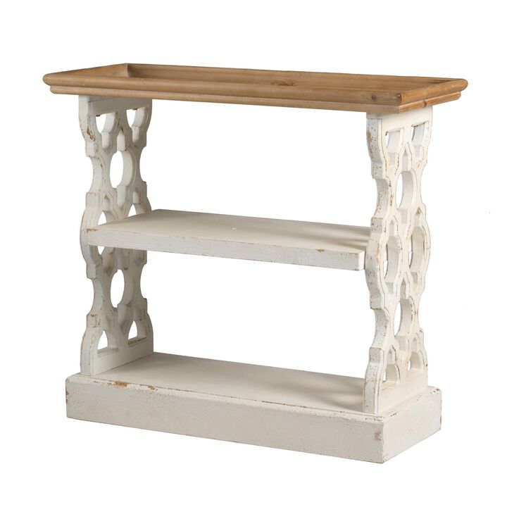 35 Inch 3 Tier Console Table, Fir Wood, Carved Panels, Brown and White - Benzara