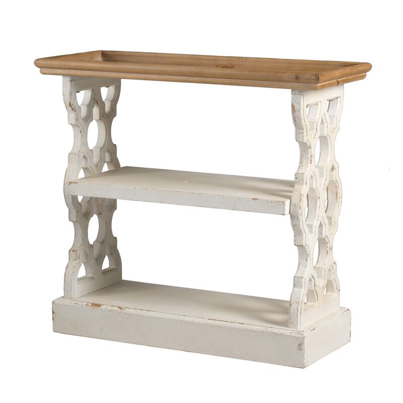 35 Inch 3 Tier Console Table, Fir Wood, Carved Panels, Brown and White - Benzara