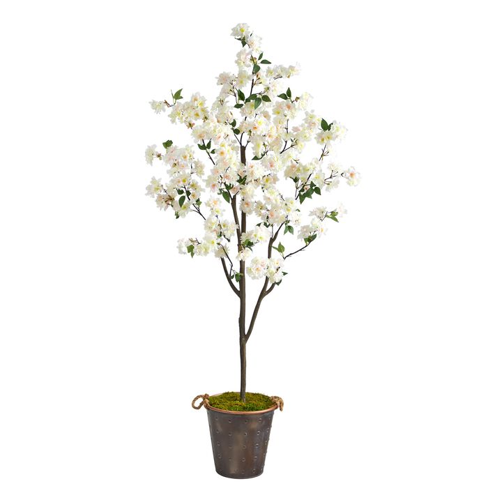 Hivvago 6 Feet Cherry Blossom Artificial Tree in Decorative Metal Pail with Rope