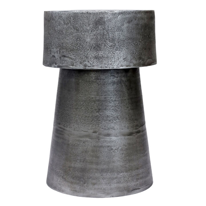 Vintage Accent Side Table, 15.5 Inch Round, Antique Silver Cast Aluminum Drum Base