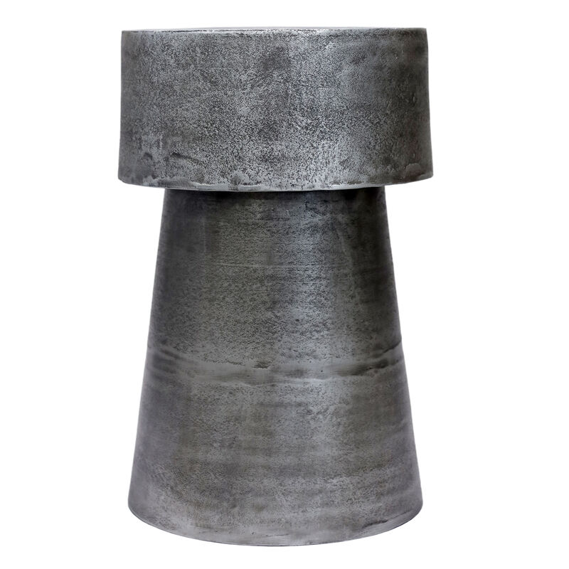 Vintage Accent Side Table, 15.5 Inch Round, Antique Silver Cast Aluminum Drum Base