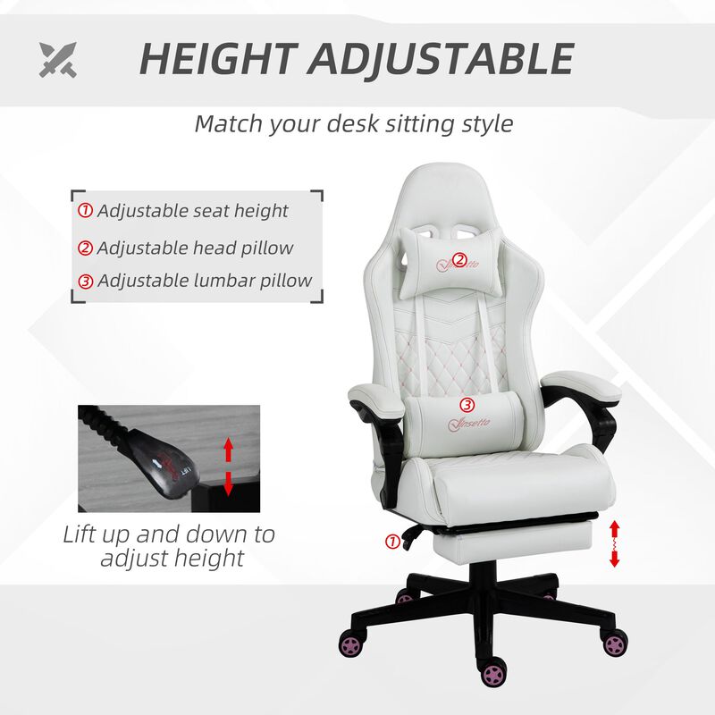 White Gaming Comfort: Racing Chair with PU Leather and Retractable Footrest
