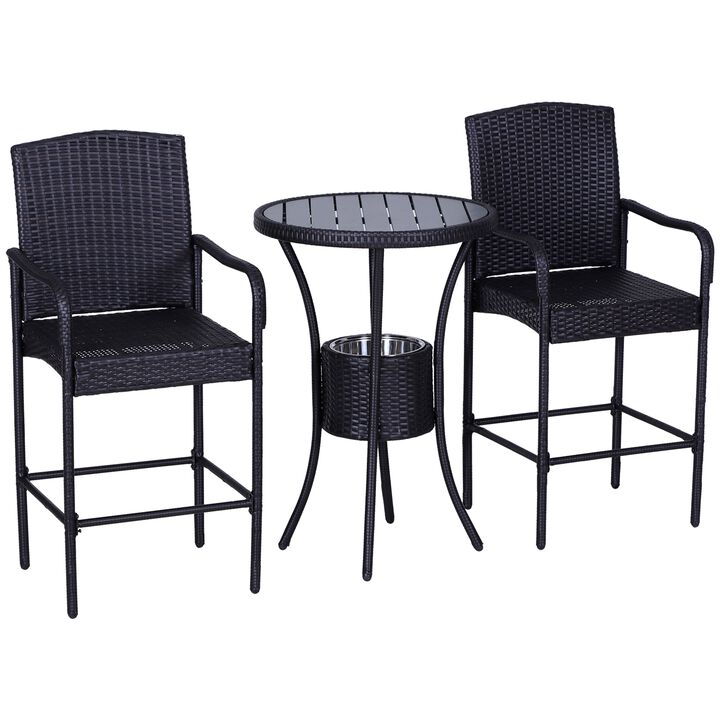 Alfresco Bar Trio: 3PC Rattan Wicker Set with Ice Buckets, Table & Stools