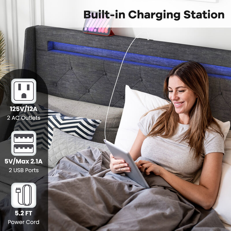 Upholstered Platform Bed Frame with LED Lights and Built-In Charging Station for Modern Convenience and Style