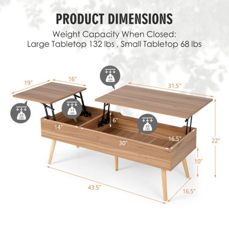 Hivvago 47 Inch Lift Top Coffee Table with 2 Hidden Compartments-Brown