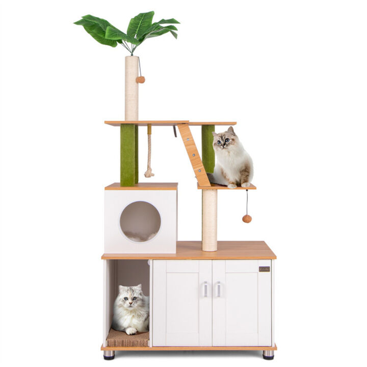 Multi-Level Cat Tree Tower with Scratching Posts, Perches, and Storage Cabinet for Cats