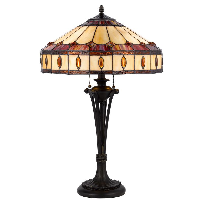 Xia 26 Inch Tiffany Style Vintage Table Lamp, Glass Shade, Antique Bronze-Benzara