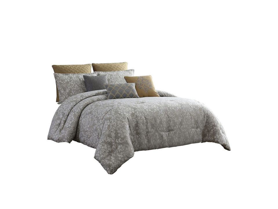 9 Piece King Polyester Comforter Set with Medallion Print, Gray and Gold - Benzara