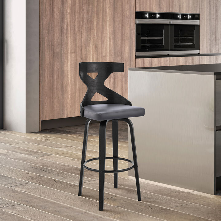 Gayle  Swivel Cross Back Grey Faux Leather and Black Wood Counter Hight Stool