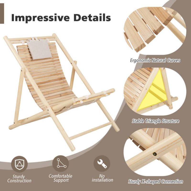Hivvago Solid Fir Wood Lounge Chair with 3-Level Adjustable Backrest and Soft Padded Headrest-Natural