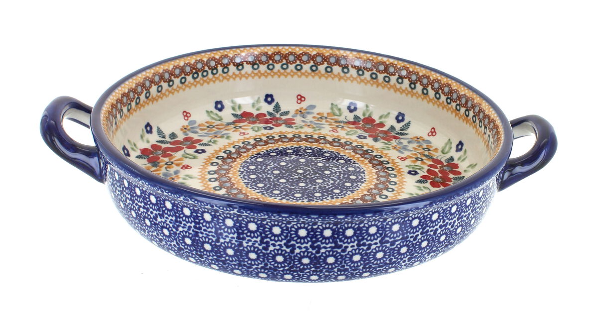 Blue Rose Polish Pottery Halsey Small Round Baker with Handles