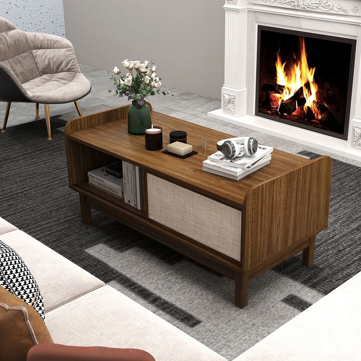 Mid-Century Center Table with Storage, Woven Sliding Door, and Adjustable Shelf for Living Room