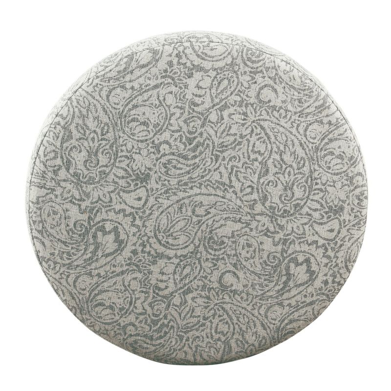 Paisley Floral Pattern Fabric Upholstered Wooden Ottoman with Hidden Storage, Gray and Cream - Benzara