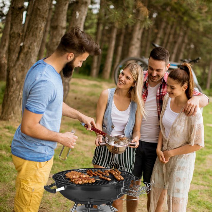 Round Charcoal BBQ Grill with Wheels, Ash Catcher, Storage Holder, and Thermometer for Outdoor