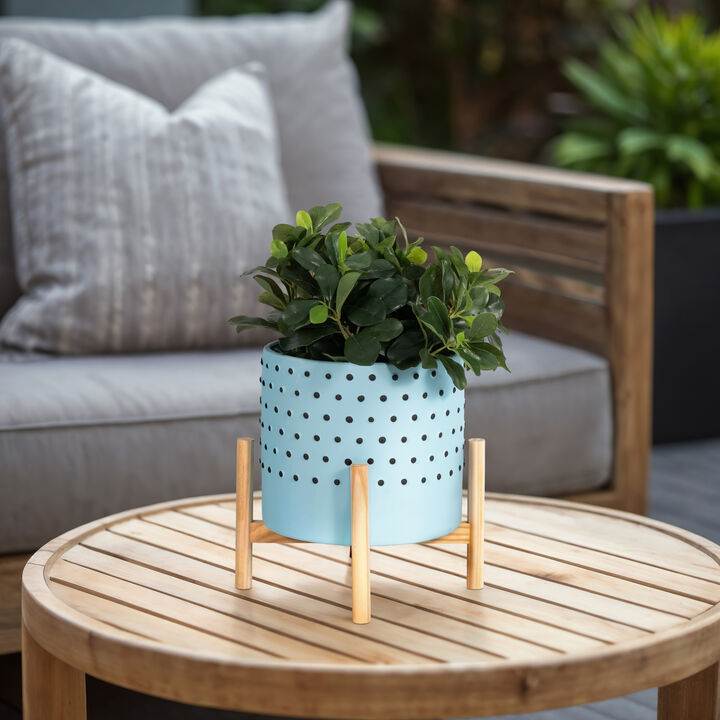 10" Dotted Planter with Wood Stand, Blue