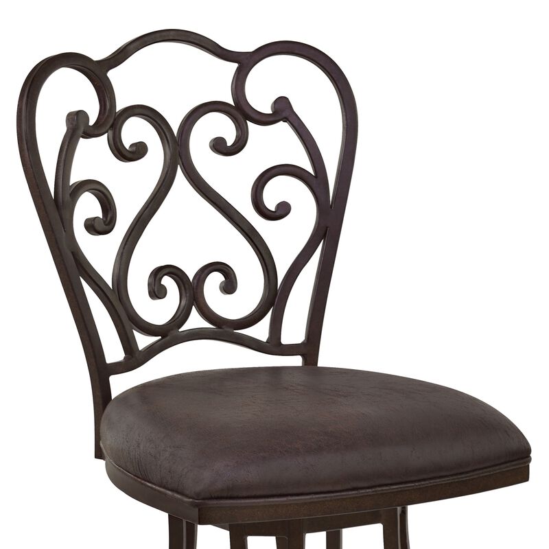 Metal Scroll Design Open Back Barstool with Fabric Padded Seat, Gray - Benzara