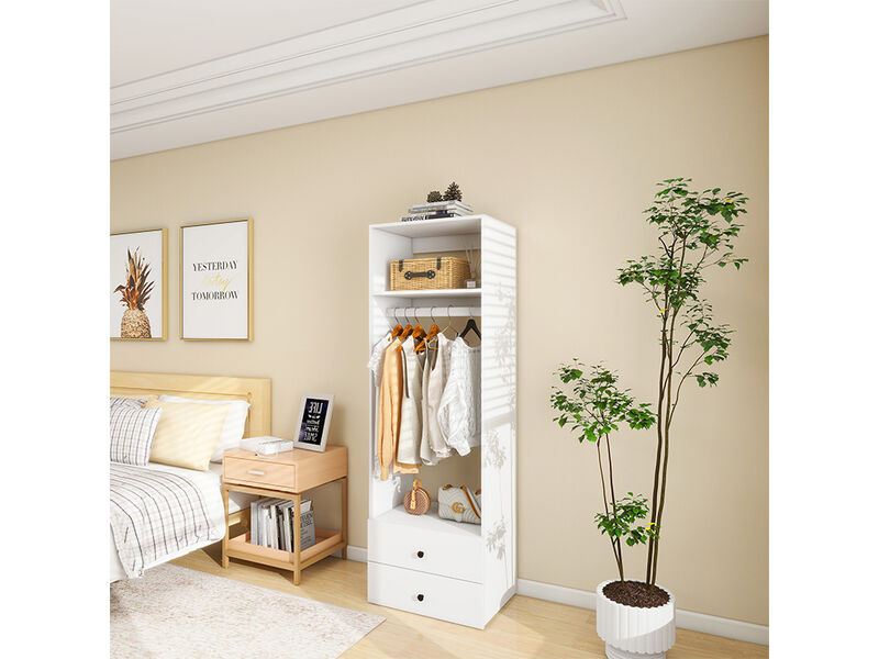 Wooden Wardrobe Closet System with 2 Closet Drawers, Walk-in Closet Organizers and Storage,Clothes Organizer with Closet Shelves,White