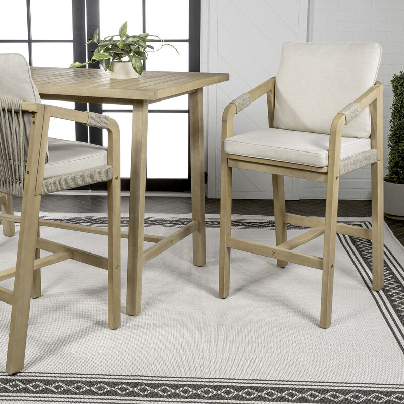 Porto Modern Coastal Tub Roped Acacia Wood Outdoor Bar Stool with Cushions and Armrests