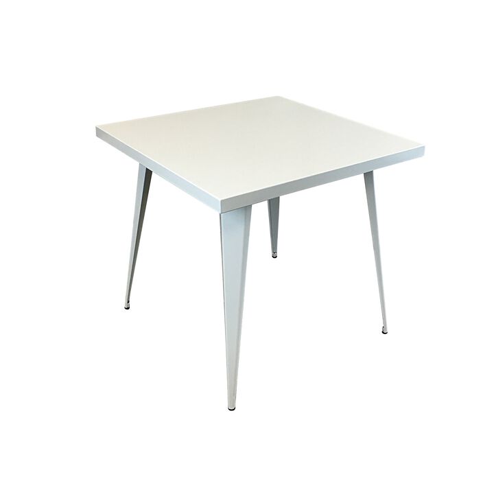 Oran 32 Inch Dining Table, Square Metal Top, Tapered Legs, White Finish - Benzara