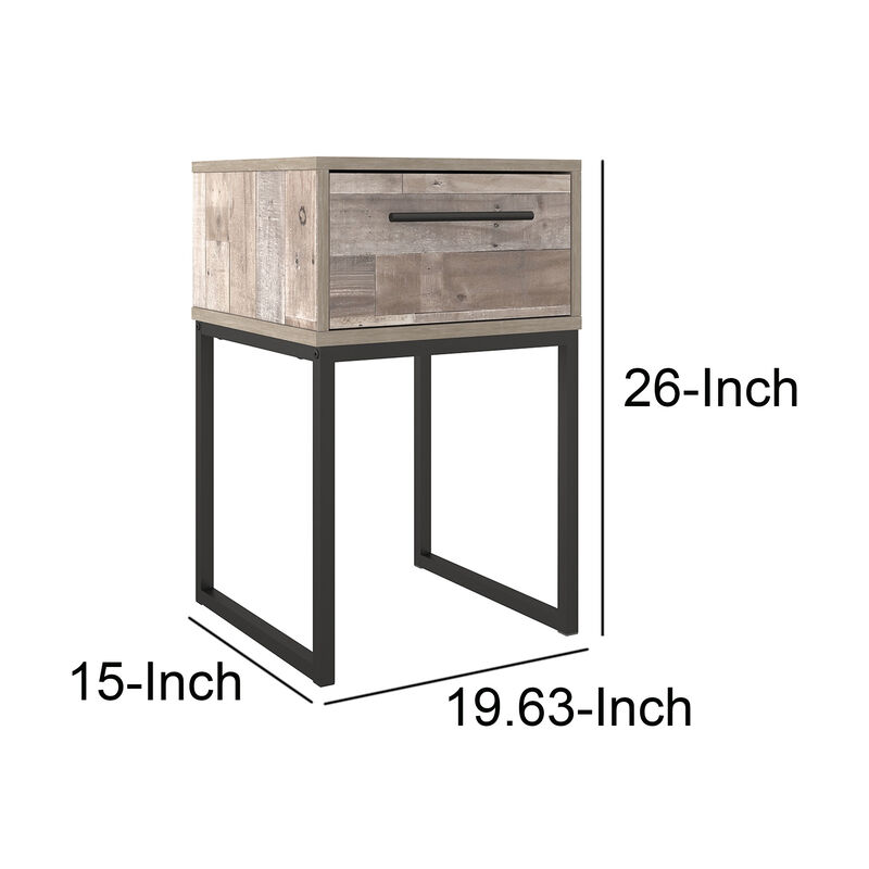Grace 20 Inch Modern Nightstand, Metal Base, 1 Drawer, Whitewashed Wood-Benzara