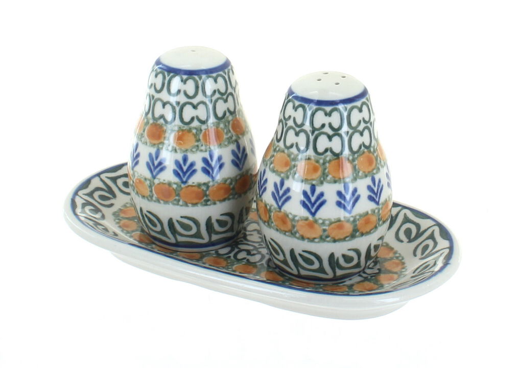 Blue Rose Polish Pottery Harvest Bounty Salt & Pepper Shakers with Tray