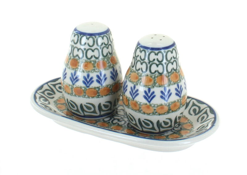 Blue Rose Polish Pottery Harvest Bounty Salt & Pepper Shakers with Tray