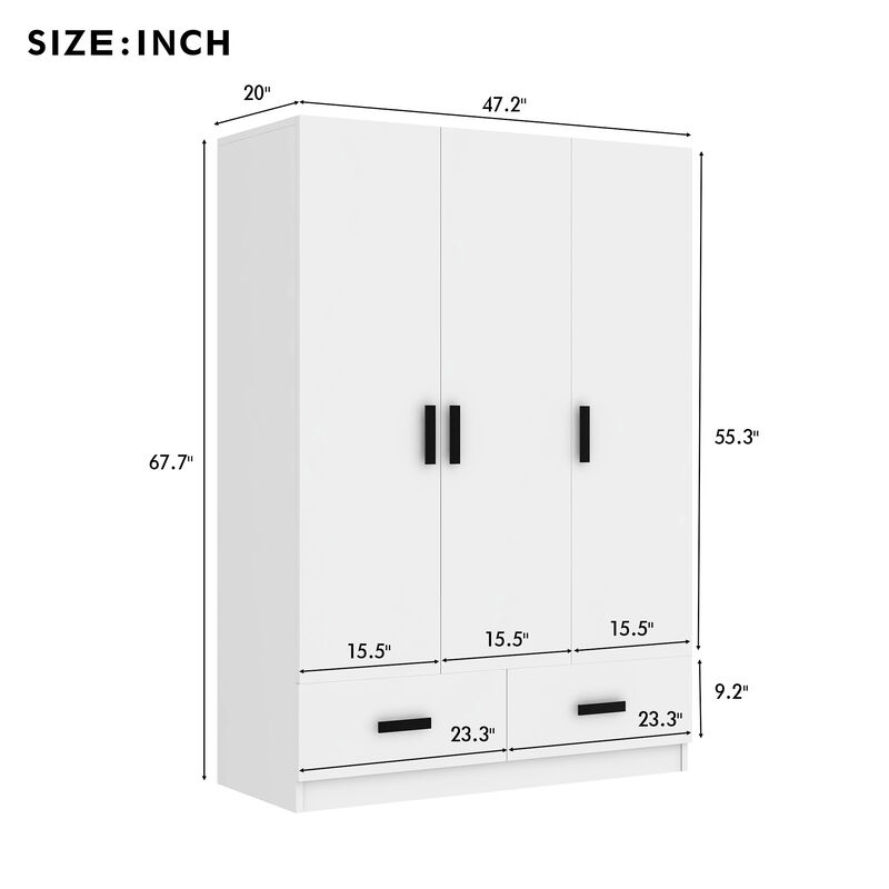 Merax 3-Door Wardrobe Closet with 2 Storage Drawers